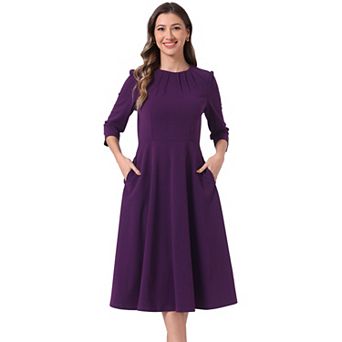Elegant Work Dress For Women's 3/4 Sleeve Pleated Round Neck Pockets A-line Swing Midi Dress