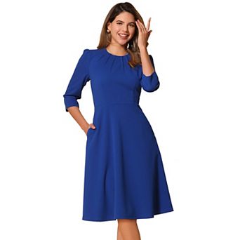 Elegant Work Dress For Women's 3/4 Sleeve Pleated Round Neck Pockets A-line Swing Midi Dress
