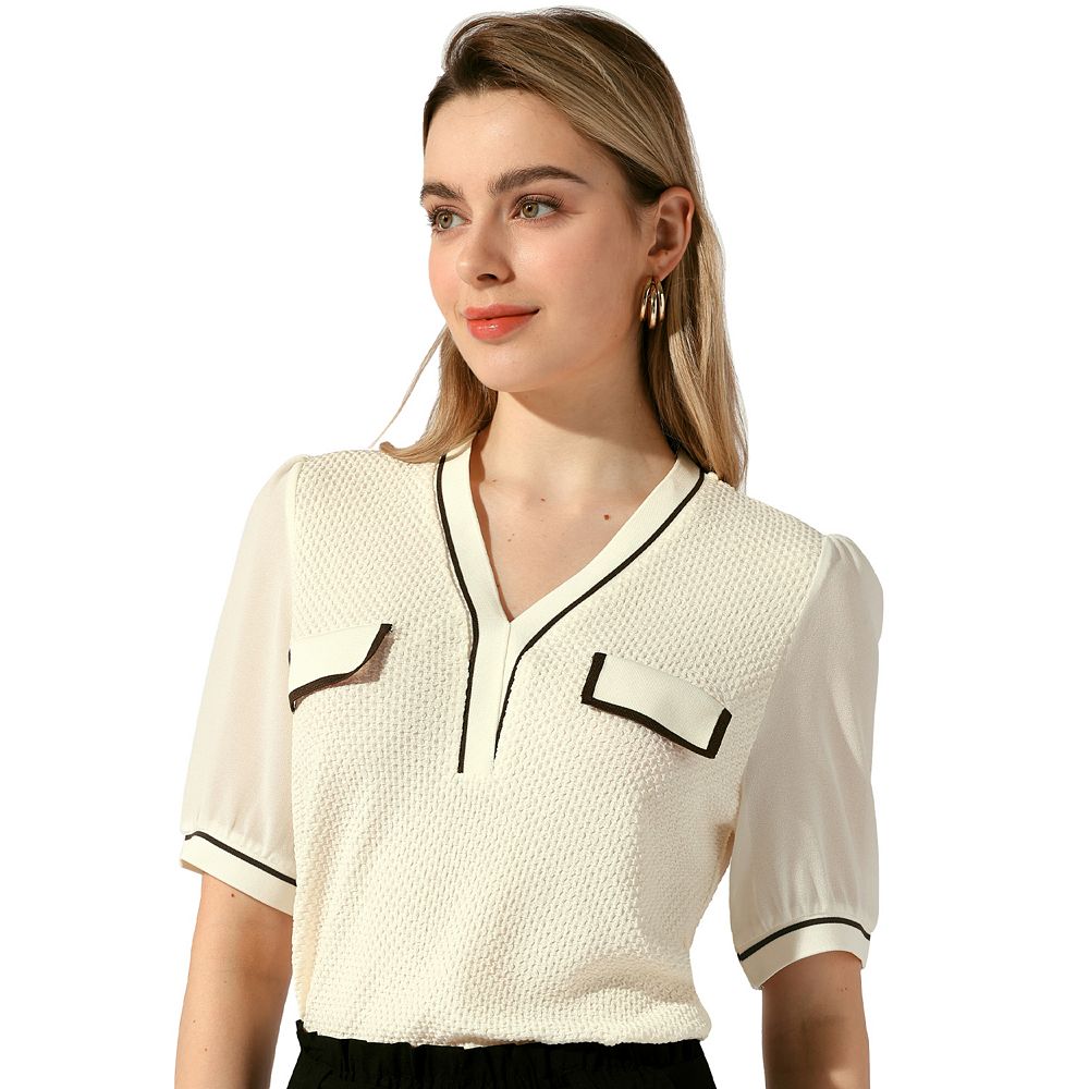 Contrast Color Tops For Women's Sheer Short Sleeve V Neck Textured Blouse