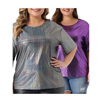 Women's Plus Size Metallic Round Neck Short Sleeve T-shirt Blouses Tee Tops