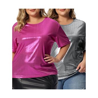 Women's Plus Size Metallic Round Neck Short Sleeve T-shirt Blouses Tee Tops