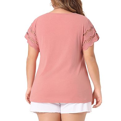 Women's Plus Size Summer Elegant Work Lace Panel Short Sleeve Tops Blouse