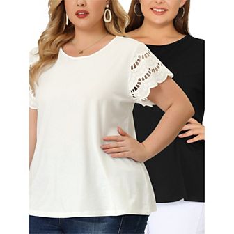 2 Pack Women's Plus Size Summer Elegant Work Lace Panel Short Sleeve Tops Blouse