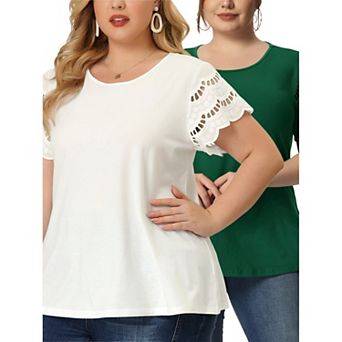 2 Pack Women's Plus Size Summer Elegant Work Lace Panel Short Sleeve Tops Blouse