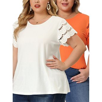 2 Pack Women's Plus Size Summer Elegant Work Lace Panel Short Sleeve Tops Blouse