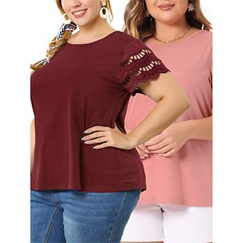 2 Pack Women's Plus Size Summer Elegant Work Lace Panel Short Sleeve Tops Blouse