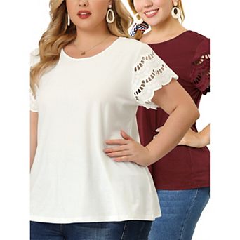 2 Pack Women's Plus Size Summer Elegant Work Lace Panel Short Sleeve Tops Blouse