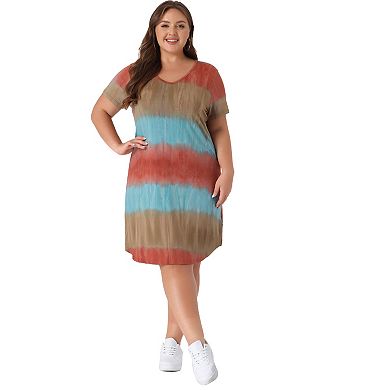 Women's Plus Size V Neck Short Sleeve Tie-dye Midi Tunic Shirtdress