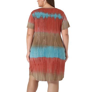Women's Plus Size V Neck Short Sleeve Tie-dye Midi Tunic Shirtdress