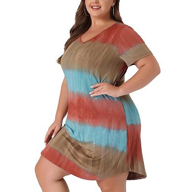 Women's Plus Size V Neck Short Sleeve Tie-dye Midi Tunic Shirtdress