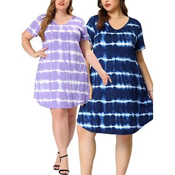 Women's Plus Size V Neck Short Sleeve Tie-dye Midi Tunic Shirtdress