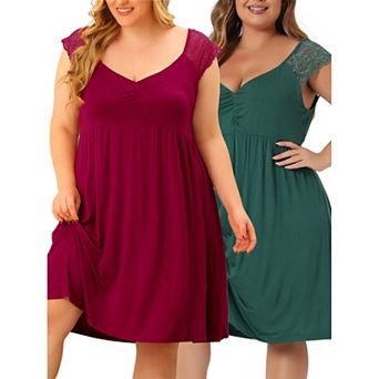 Women's Plus Size Sleepwear Lace Cap Sleeve Sleep Dress V Neck Nightwear