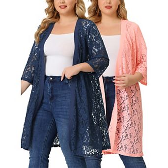 Women's Plus Size Autumn Open Front Lace Hollow Out Midi Cardigan