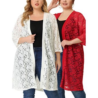 Women's Plus Size Autumn Open Front Lace Hollow Out Midi Cardigan