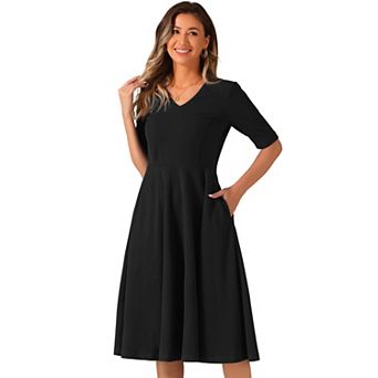 Vintage Dresses For Women's V Neck Half Sleeve Swing Dress With Pockets