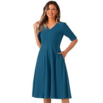 Vintage Dresses For Women's V Neck Half Sleeve Swing Dress With Pockets