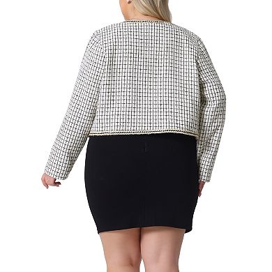Plus Size Plaid Tweed Blazer for Women Collarless Long Sleeve Open Front Jacket