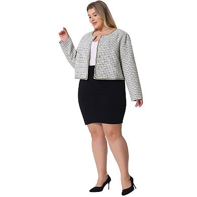 Plus Size Plaid Tweed Blazer for Women Collarless Long Sleeve Open Front Jacket
