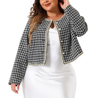 Plus Size Plaid Tweed Blazer For Women Collarless Long Sleeve Open Front Jacket