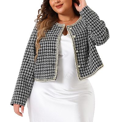 Plus Size Plaid Tweed Blazer For Women Collarless Long Sleeve