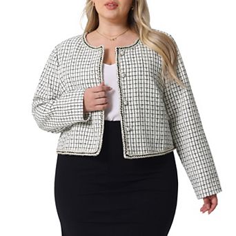 Plus Size Plaid Tweed Blazer For Women Collarless Long Sleeve Open Front Jacket
