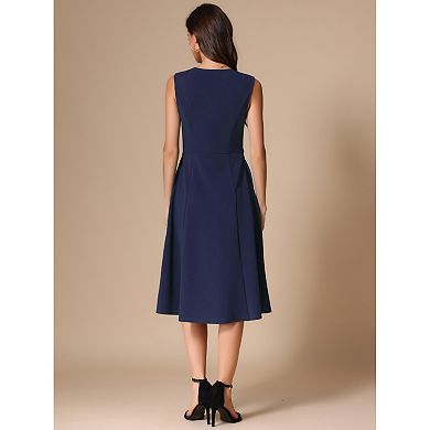 Notch V Neck Dresses for Women Elegant Work Office A-Line Dress with Pockets