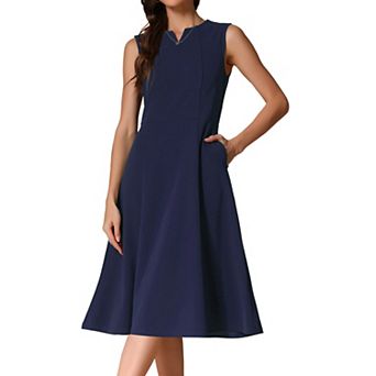 Notch V Neck Dresses for Women Elegant Work Office A-Line Dress with Pockets