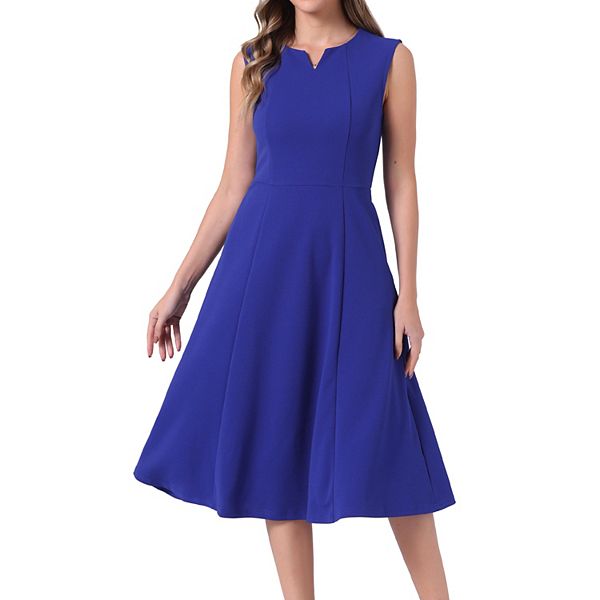 Macys Dresses Formal Notch Neck Pocketed Work Office A-Line Midi Dress,  Royal Blue Xs