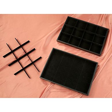 2 Pcs Stackable Velvet Jewelry Organizer Trays With Dividers For Drawers 12 Grid Tray