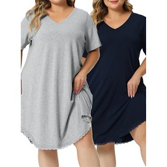 Women's Plus Size Pajama Dress V Neck Lace Trim T-shirt Nightgown Sleepwear