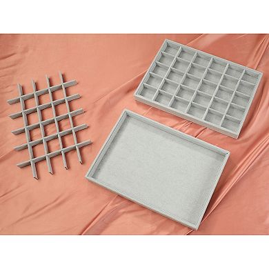 Set Of 2 Stackable Velvet Jewelry Organizer Trays With Removable Dividers For Drawers 30 Grid Tray