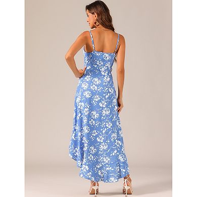 Women's Summer Spaghetti Strap Wrap V Neck Ruffle High Low Hem Sleeveless Floral Dress With Belt