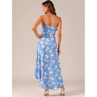 Women's Summer Spaghetti Strap Wrap V Neck Ruffle High Low Hem Sleeveless Floral  Dress With Belt