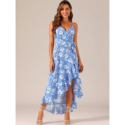 Women's Summer Spaghetti Strap Wrap V Neck Ruffle High Low Hem