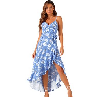 Women's Summer Spaghetti Strap Wrap V Neck Ruffle High Low Hem Sleeveless Floral Dress With Belt