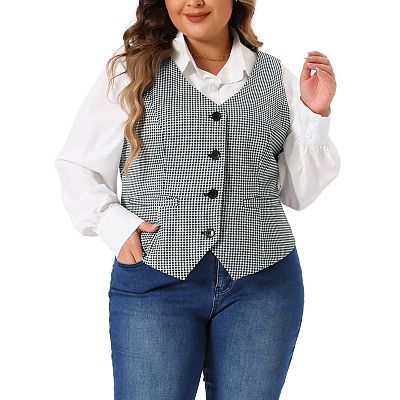 Women s Plus Size Plaid Vintage Waistcoat Vests Sleeveless V Neck With Pockets Jacket