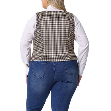 Women's Plus Size Plaid Vintage Waistcoat Vests Sleeveless V Neck With Pockets Jacket
