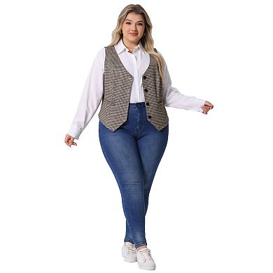 Women's Plus Size Plaid Vintage Waistcoat Vests Sleeveless V Neck With Pockets Jacket