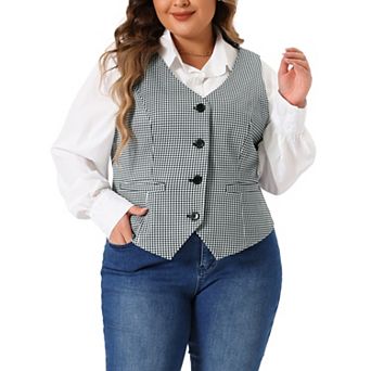 Women's Plus Size Plaid Vintage Waistcoat Vests Sleeveless V Neck with Pockets Jacket