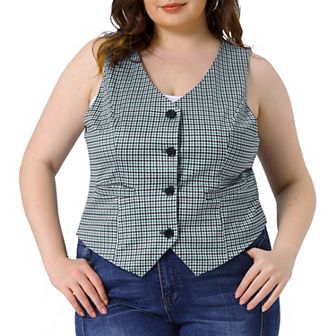 Women's Plus Size Plaid Vintage Waistcoat Vests Sleeveless V Neck with Pockets Jacket