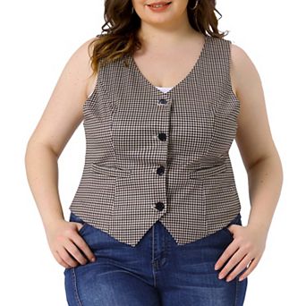 Women's Plus Size Plaid Vintage Waistcoat Vests Sleeveless V Neck with Pockets Jacket