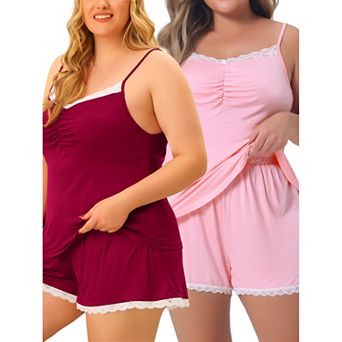 Women's Plus Size Pajama Set Cami Strap Lace Trim Sleeveless Sleepwear