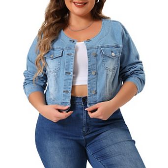 Women's Plus Size Button Down Denim Jackets Collarless Chest Pockets Crop Jean Jackets