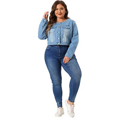 Women's Plus Size Button Down Denim Jackets Collarless Chest Pockets Crop Jean Jackets