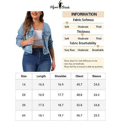 Women's Plus Size Button Down Denim Jackets Collarless Chest Pockets Crop Jean Jackets