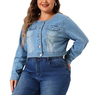 Women's Plus Size Button Down Denim Jackets Collarless Chest Pockets Crop Jean Jackets