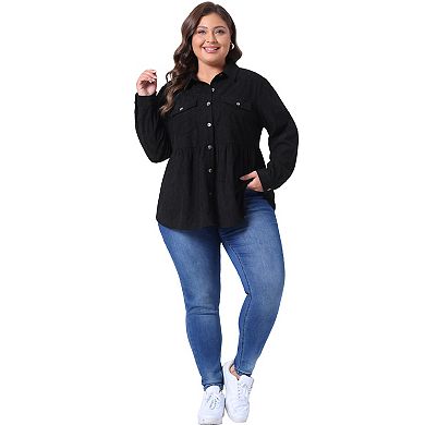 Women's Plus Size Shirts Corduroy Peplum Long Sleeve Blouses With Pockets Tops