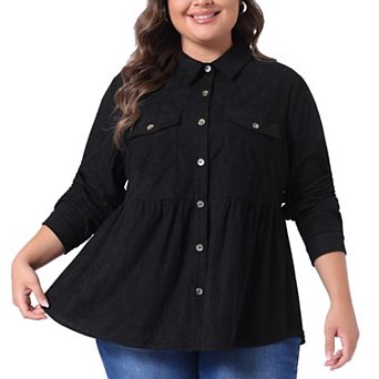 Women's Plus Size Shirts Corduroy Peplum Long Sleeve Blouses With Pockets Tops