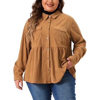 Women's Plus Size Shirts Corduroy Peplum Long Sleeve Blouses With Pockets Tops