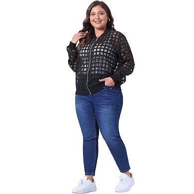 Plus Size Bomber Jacket for Women Hollow Out Long Sleeve Baseball Collar Outerwear